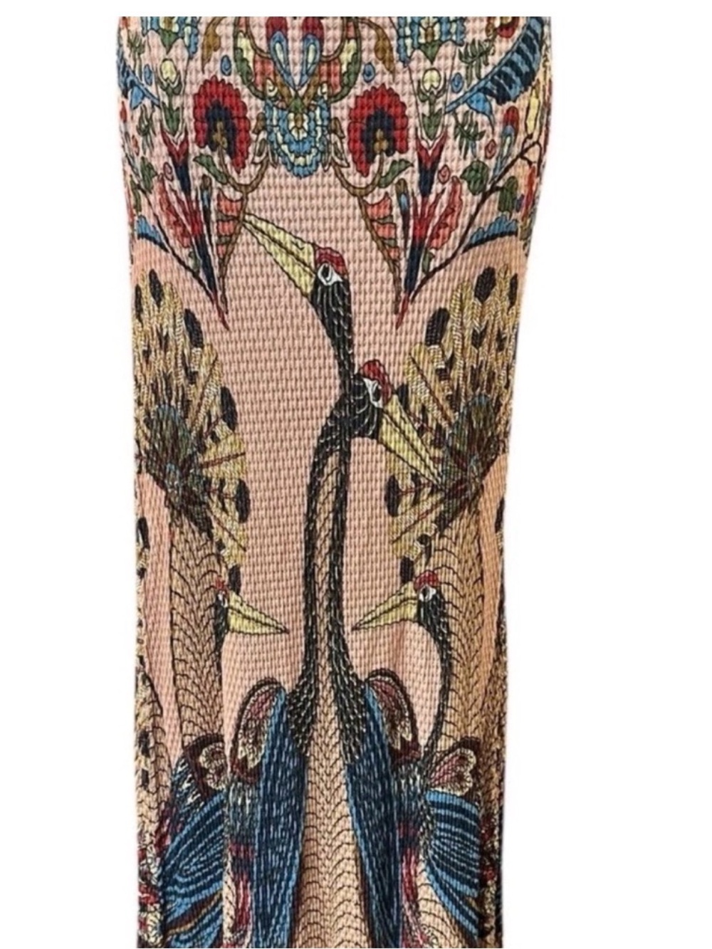 Anthropologie Peach Maxi Skirt with Blue & Red Peacock Print - Picture 4 of 14